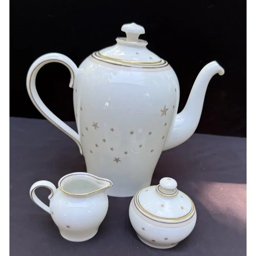 Rare Vintage Bing & Grondahl Milky Way Gold Star Pattern Tea Pot Cream & Sugar
